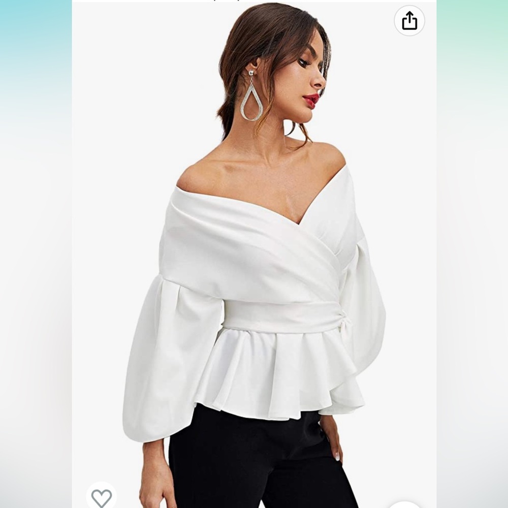Never worn long sleeve v neck ruffle blouse off shoulder tie waste wrap top Sz M